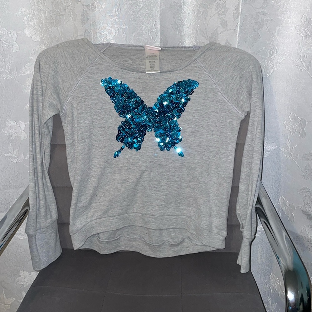 Grey sweater with blue sequin butterfly